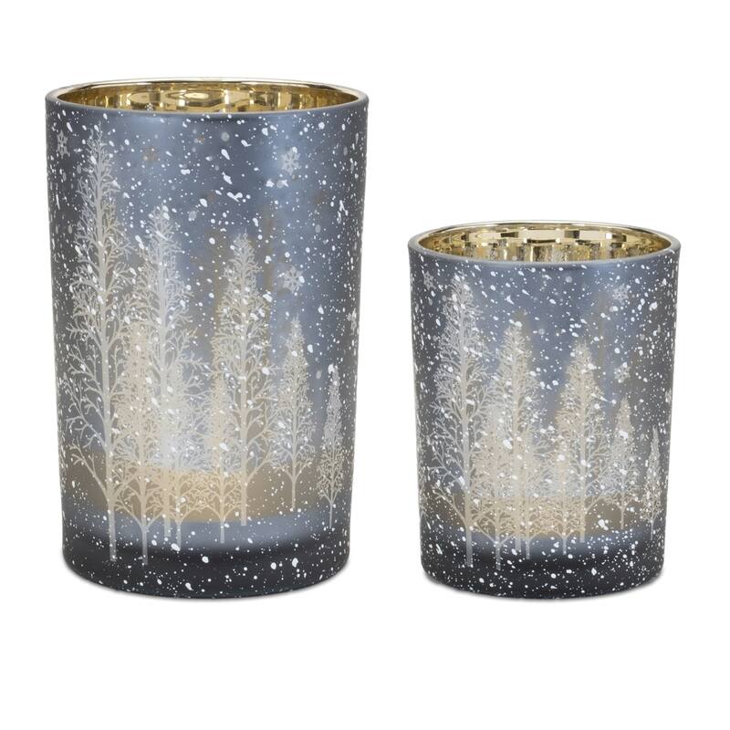 Pine Tree Glass Votive Candle Holders - 6.75" - Gray - Set of 2