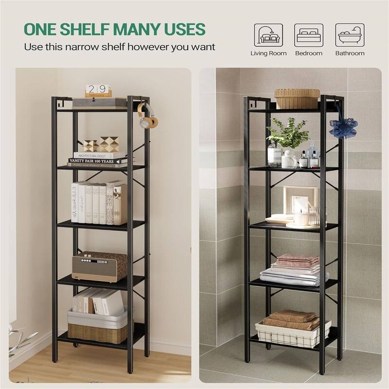 Book Shelf Industrial Bookcase with 2 Hooks - 9.45"D x 15.75"W x 63"H