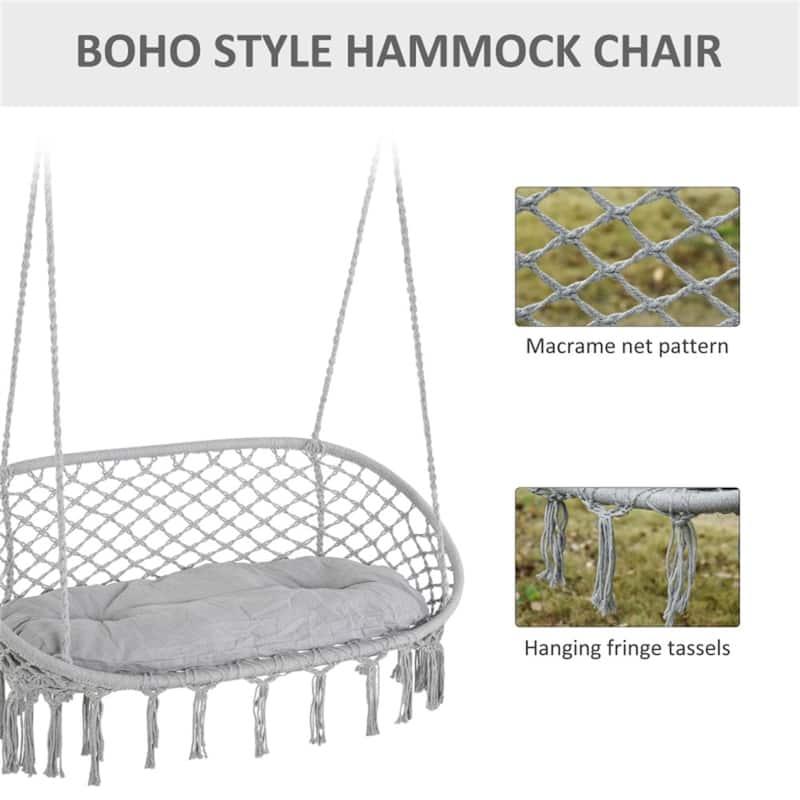 2 Person Hammock Hanging Seat Swing Chair with Macrame Net Design and Cushion for Patio or Balcony