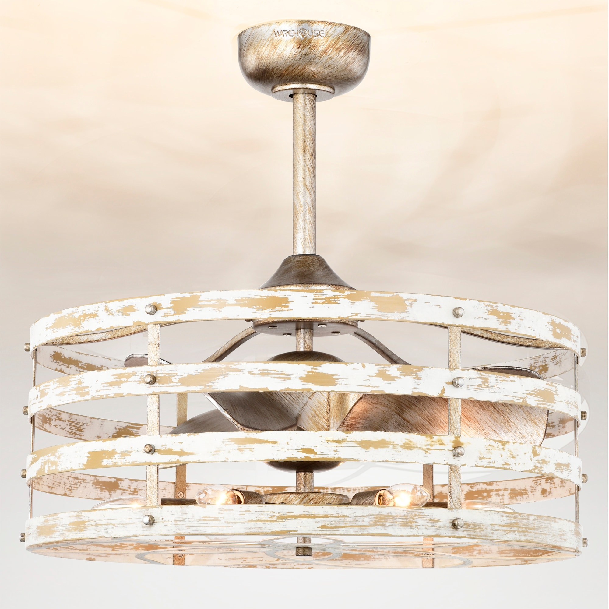 Warehouse of Tiffany Ketill 24-inch Antique Silver and Weathered White 6 Lights 3 Blades Lighted Ceiling Fan with Remote