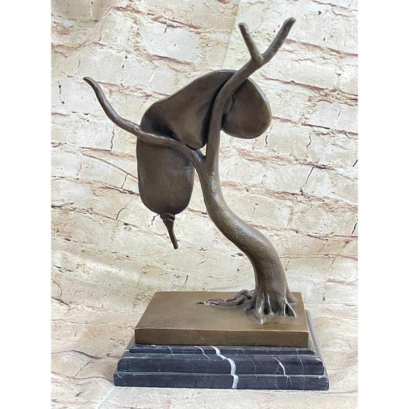Bronze Surreal Melting Clock Sculpture Inspired By Dali On Marble Base