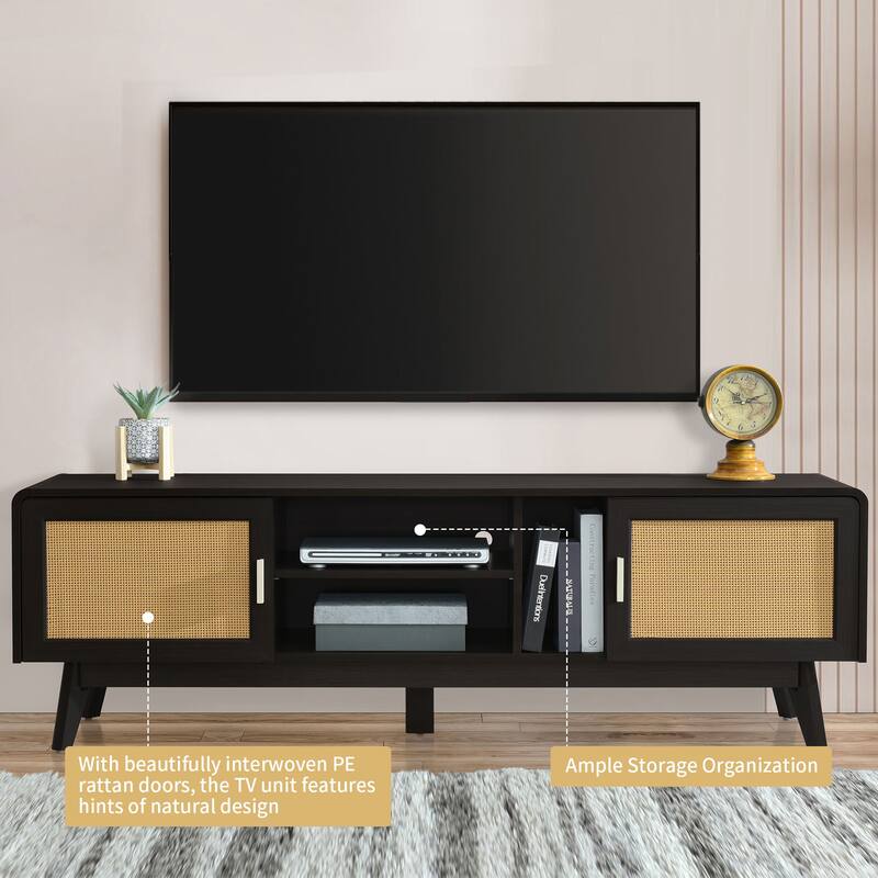Bohemian-Style Rattan TV Stand, for TVs up to 65" with 2 Storage Cabinets and 3 Open Shelves, for Living Room and Bedroom