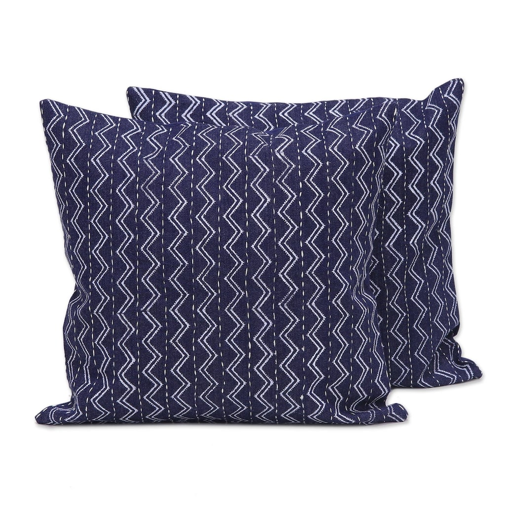 Handmade Navy Waves Embroidered denim cushion covers (India)