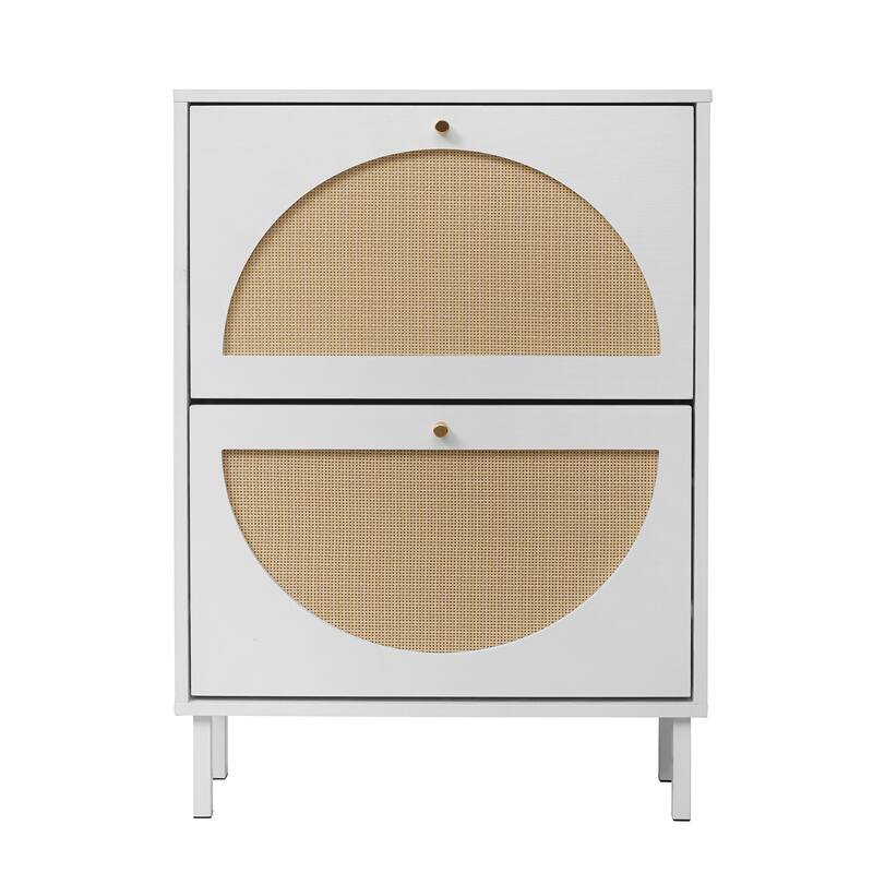 Rattan Shoe Cabinet with 2 Flip Drawer, Freestanding Entryway Organizer, Shoe Rack with Metal Legs for Living Room, Hallway