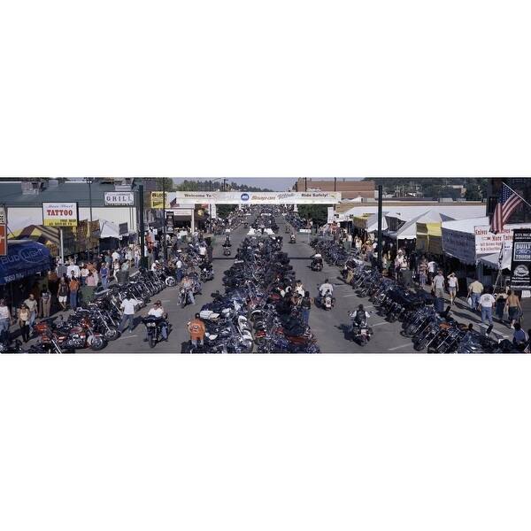 Elevated Panoramic View Of Main Street With Motorcycles Lining Road At
