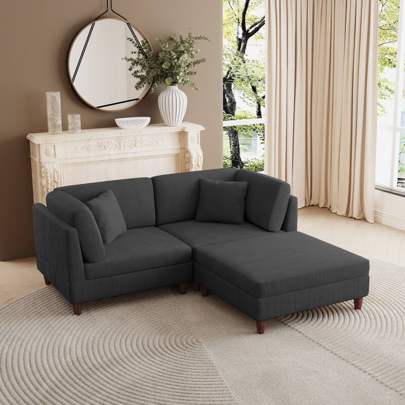 Corduroy Convertible Couch Modular Sectional Sofa with Ottoman - 3-Piece Grey - Symmetrical
