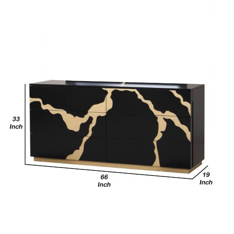 Goldie 6 Drawer Wide Dresser, Black and Gold Wood, Bedroom Storage