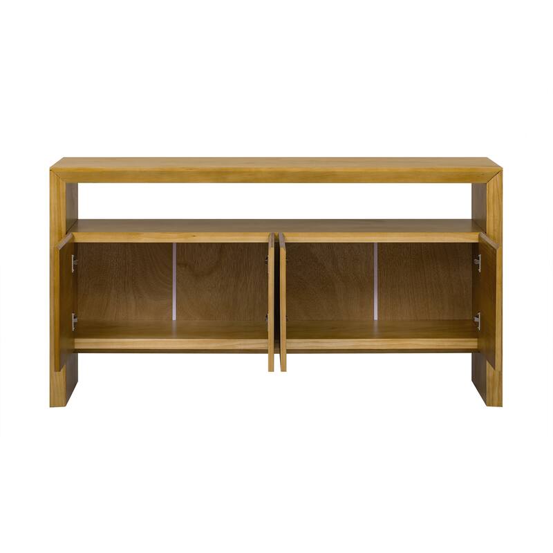 4-Door Sideboard, Modern Minimalist Solid Wood Veneer Sideboard with Open Shelf