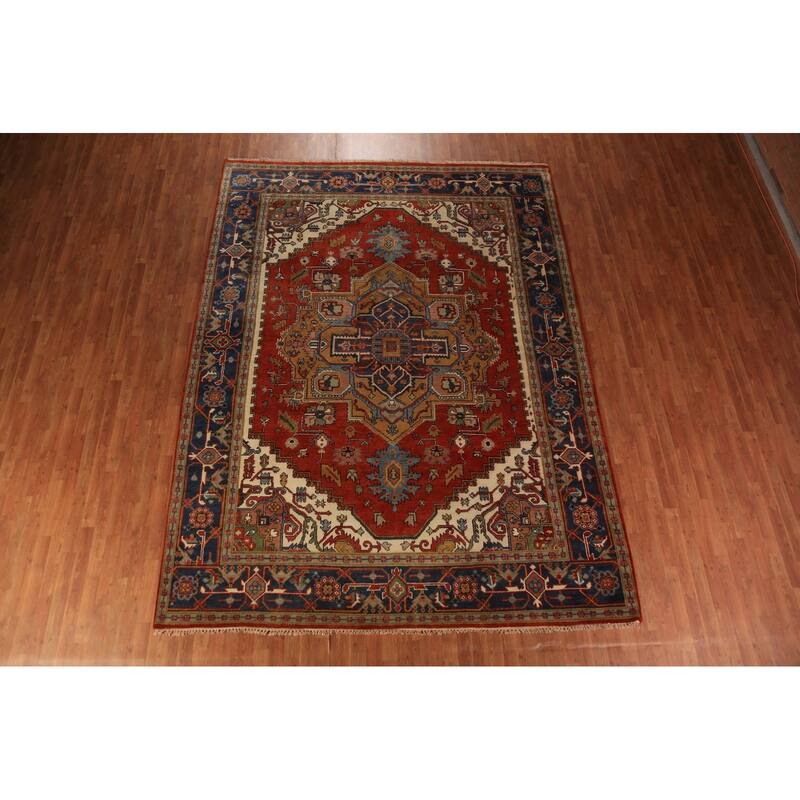 Heriz Serapi Indian Rug Hand-Knotted Medallion Orange Wool Carpet - 9'0"x 11'11"