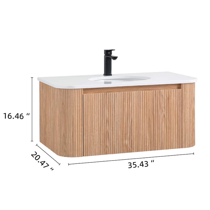 36" Wall Mounted Bathroom Vanity with Sink Curved Design, Soft Close Drawer