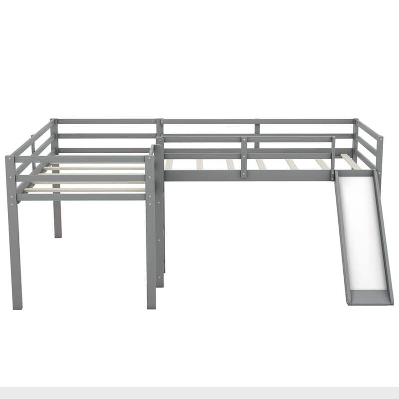 L-Shaped Twin Size Wood Loft Bed with Ladder and Slide