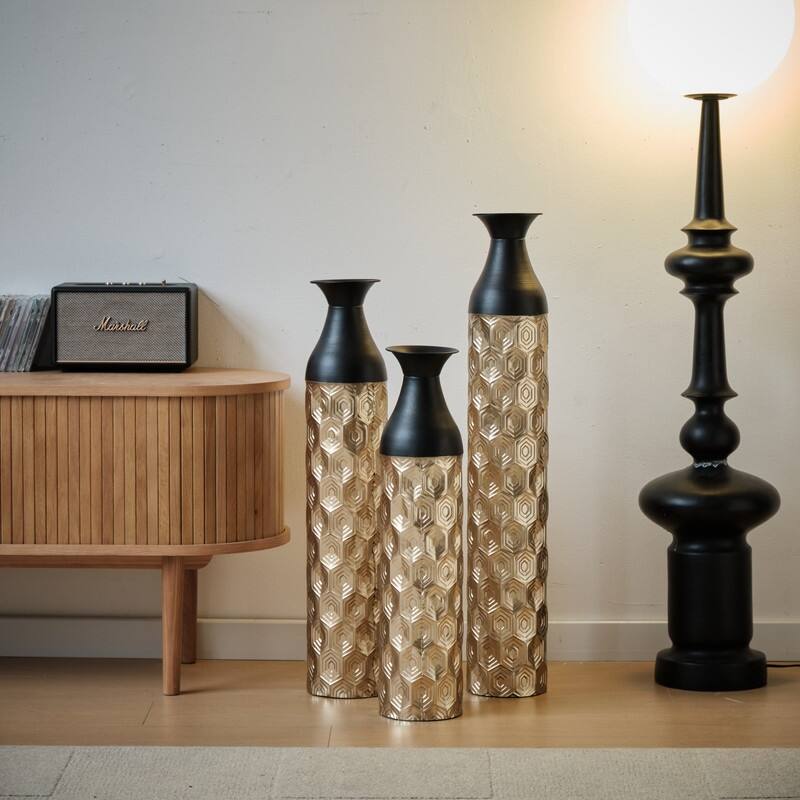 Set of 3 Glamorous Floor Vases, Gold & Black Textured Metal Cylinder Vases for Modern Home Decor (24.8", 29", 33.8" Heights)