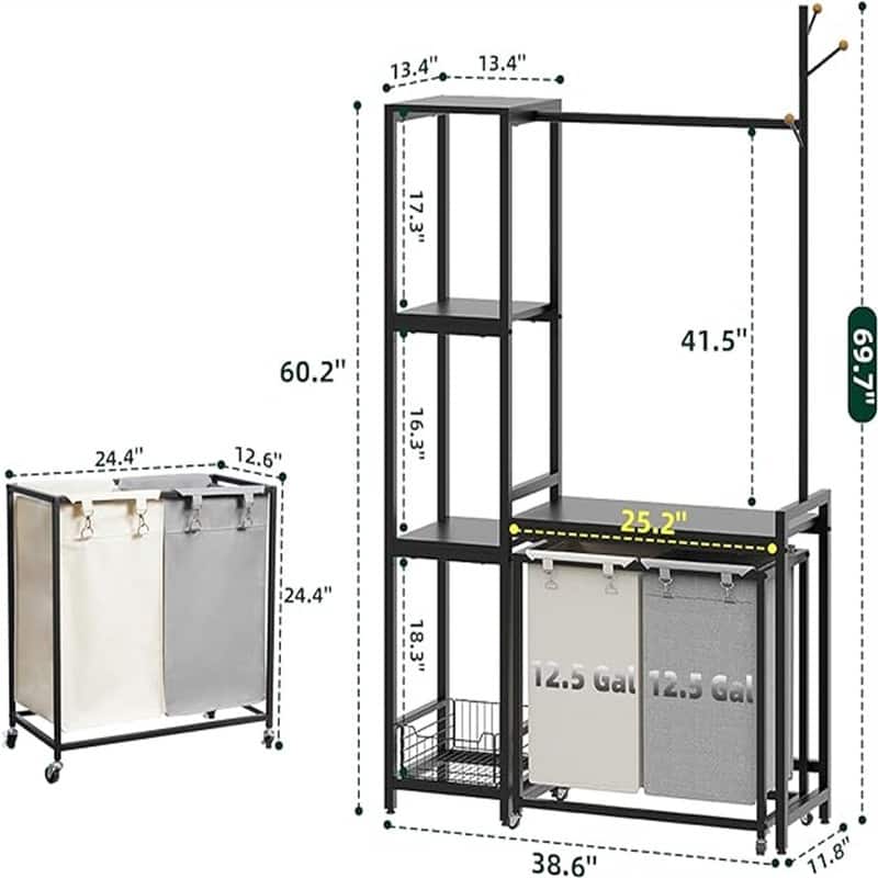 2 Section Laundry Hamper With Shelf, Clothes Rack with Laundry Sorter - 12.6"D x 40.94"W x 70.87"H