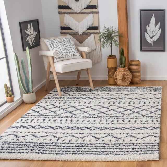 SAFAVIEH Arizona Shag Lotta Moroccan 1.2-inch Thick Rug - 6'7" x 6'7" Square - Ivory/Slate