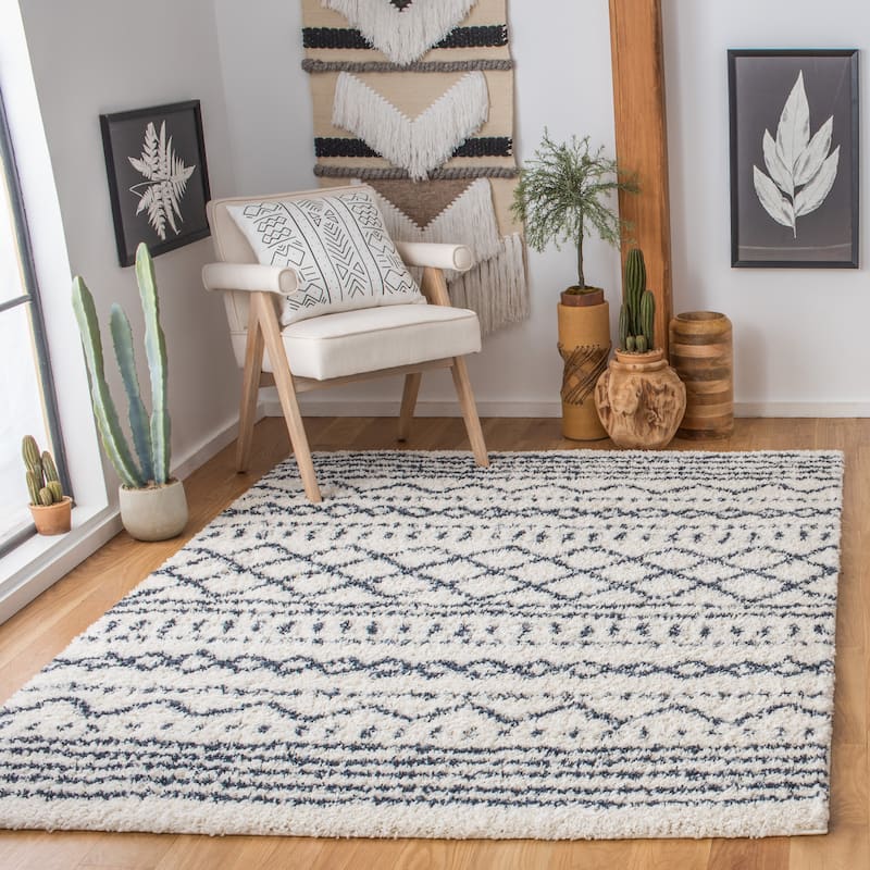 SAFAVIEH Arizona Shag Lotta Moroccan 1.2-inch Thick Rug - 3' x 5' - Ivory/Slate