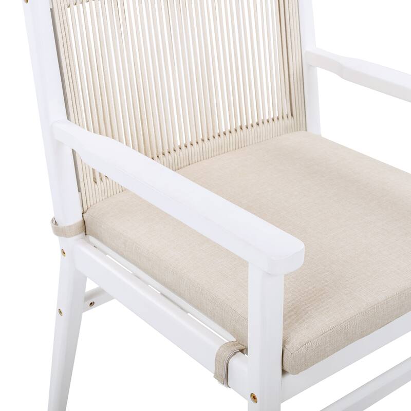 Outdoor Dining Chairs Set of 2, Acacia Wood Patio Armchair with Rope Design Back and Water Repellent Cushion, White Frame