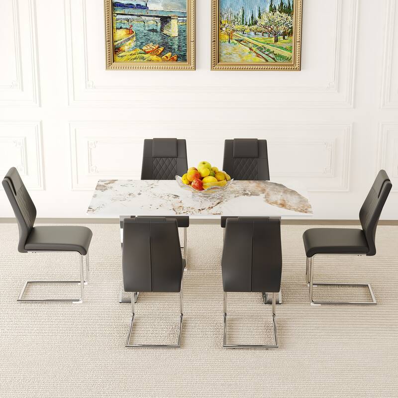 Table and chair set, Pandora Patterned Sintered Stone Dining Table Set - 6 Chairs With Metal Legs,Modern Luxury