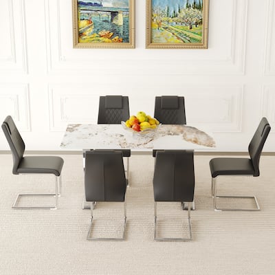 Table and chair set, Pandora Patterned Sintered Stone Dining Table Set - 6 Chairs With Metal Legs,Modern Luxury