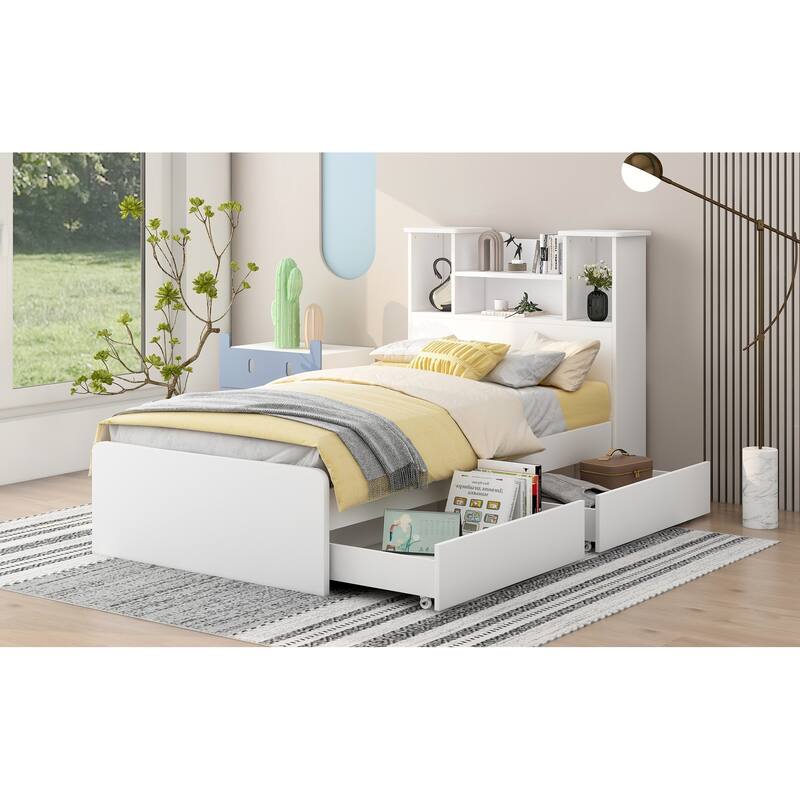 Platform Bed Frame with 4 Open Storage Shelves and 2 Storage Drawers
