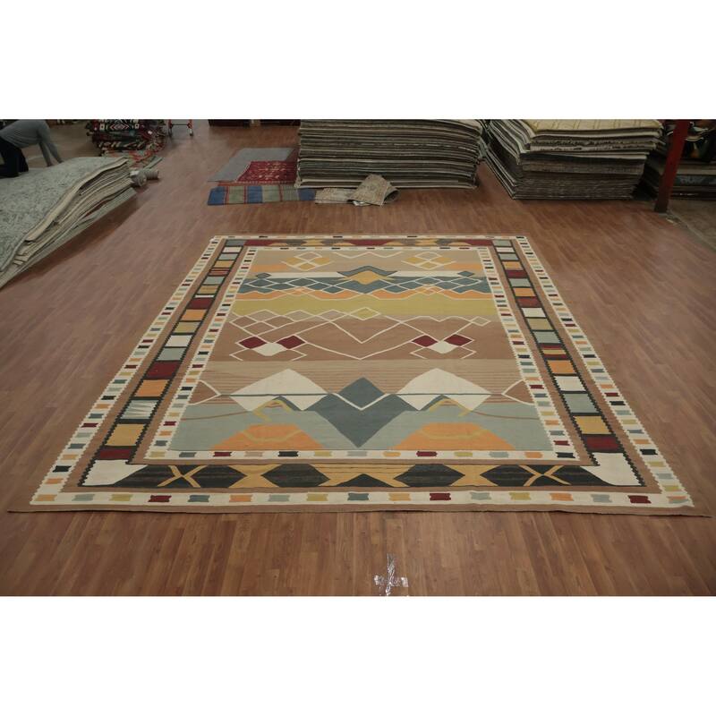 Hand Woven Oriental 100% Wool Carpet Southwestern Tribal Brown Kilim Area Rug - 14' 2'' X 11' 10''