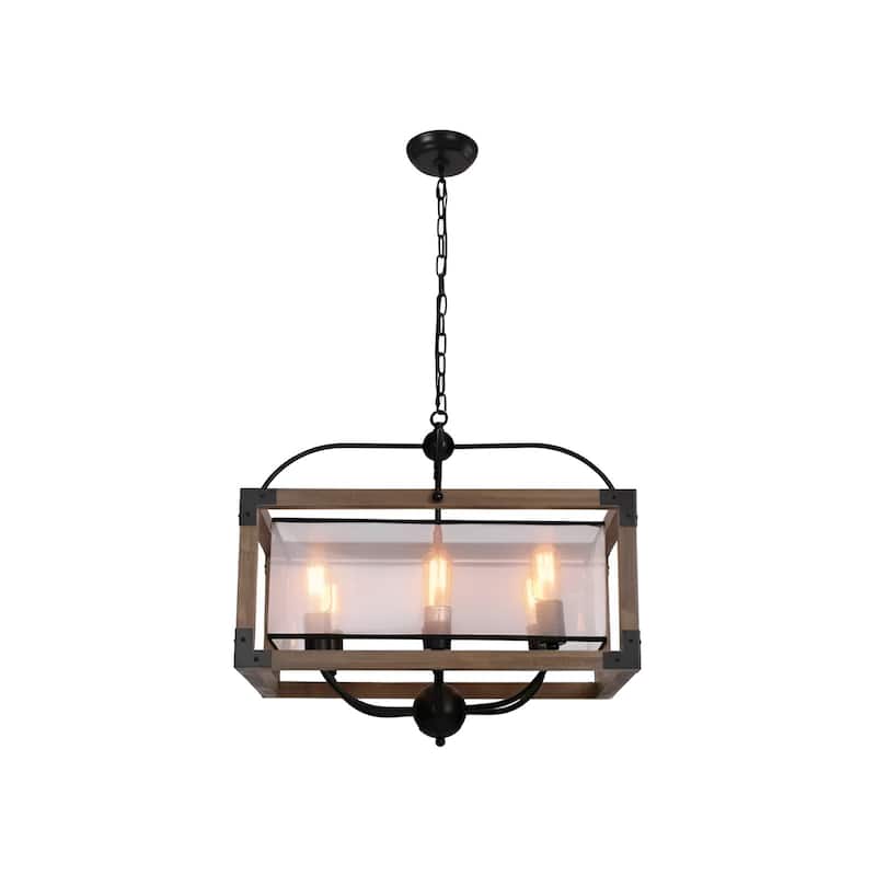 6 - Light Lantern Round Texture Drum Shade Wood Metal Frame Island Pendant Lamp Rustic