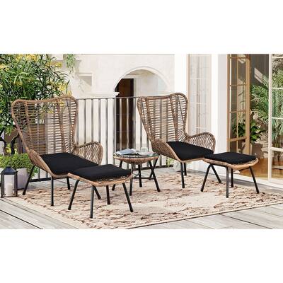 Outdoor Patio 5-Piece Rattan Conversation Set, PE Wicker Arm Chairs with Stools and Tempered Glass Tea Table for Balcony