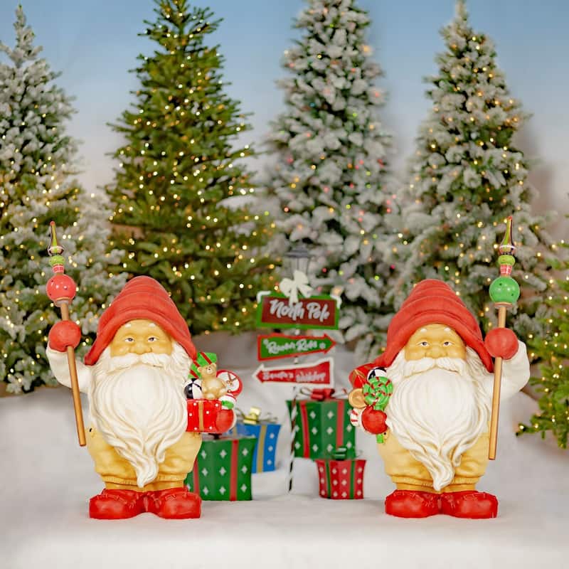 Set of Two 27.5" Tall Santa Gnomes Statues - 23.76"x24.65"x17.4" - Resin - Multi