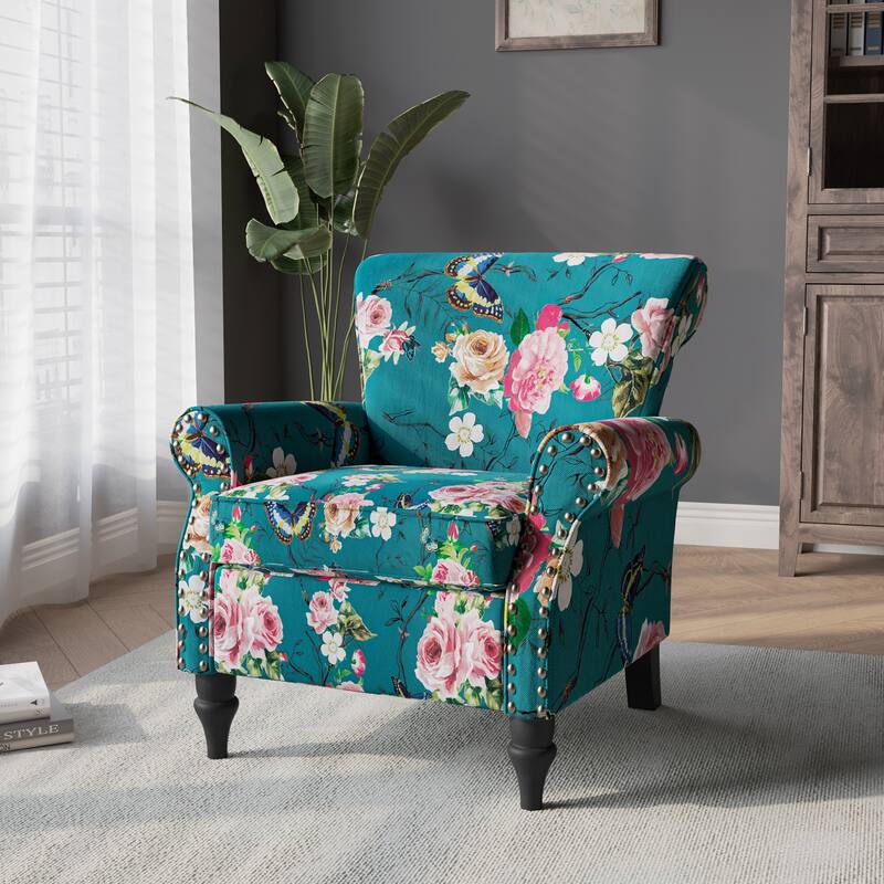 Modern Upholstered Armchair Nailhead Trim Accent Chair - Linen - Floral Blue