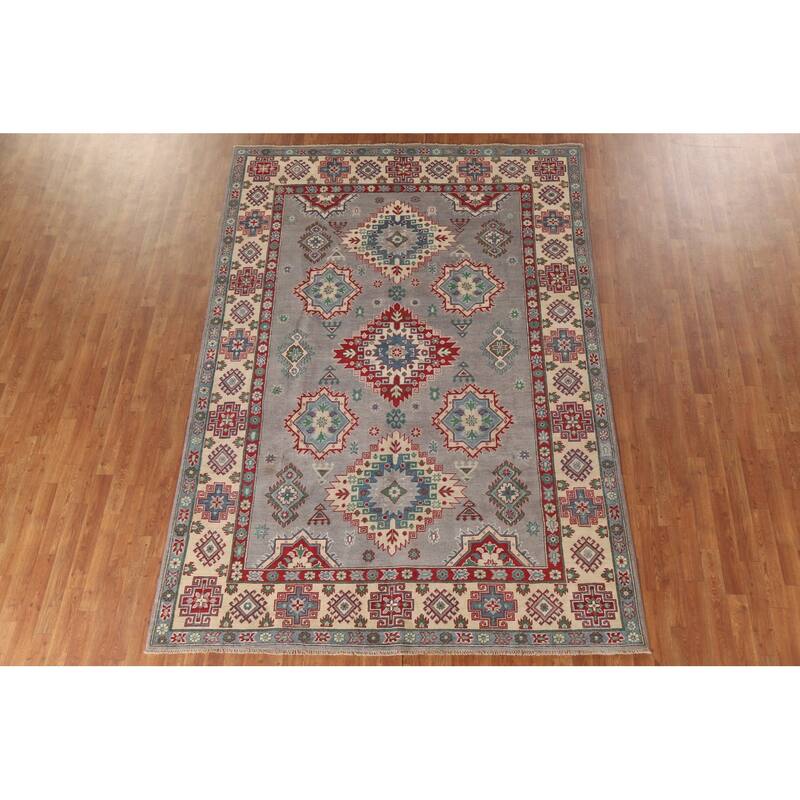 Gray Geometric Kazak Oriental Area Rug Hand-Knotted Wool Carpet - 6'10"x 9'11"