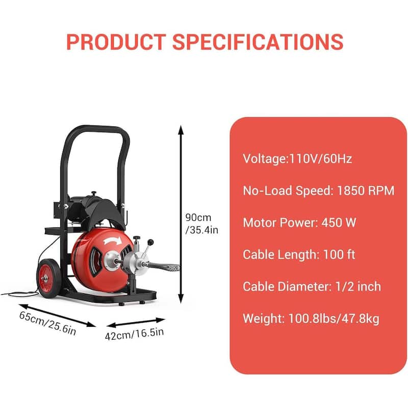 100Ft x 1/2in Auto-Feed Electric Drain Cleaner, 450w Sewer Snake for 2-4 Inch Pipes