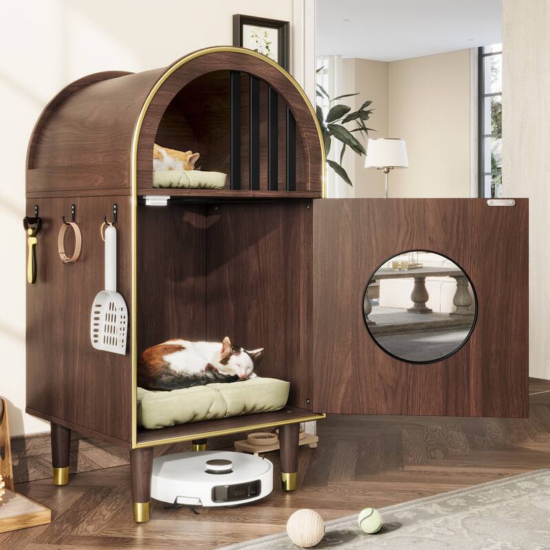 2-in-1 Cat Litter Box Enclosure & Condo Cat Bed - Two-Level Shelter Furniture for 2 Cats, Espresso