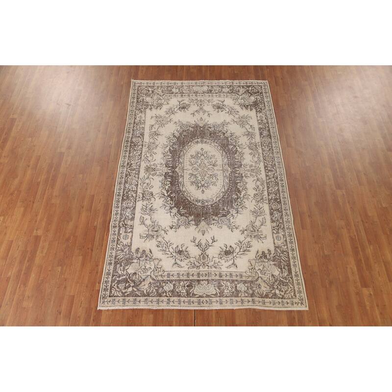 Distressed Ivory Sparta Turkish Vintage Area Rug Handmade Wool Carpet - 5'9"x 9'2"