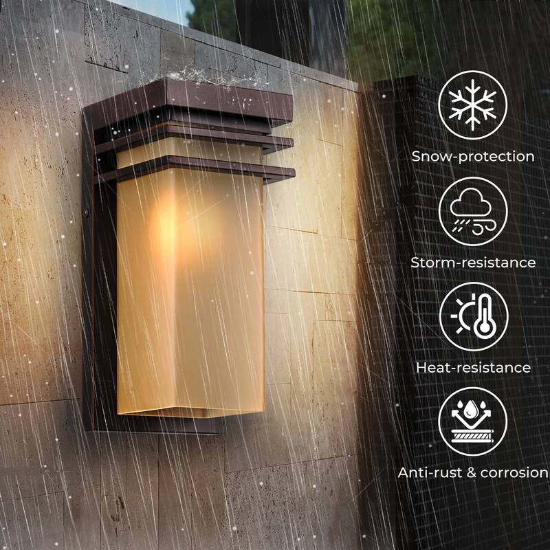 12" H Modern Bronze Outdoor Wall Sconce with Antique Amber Glass, E26 Base
