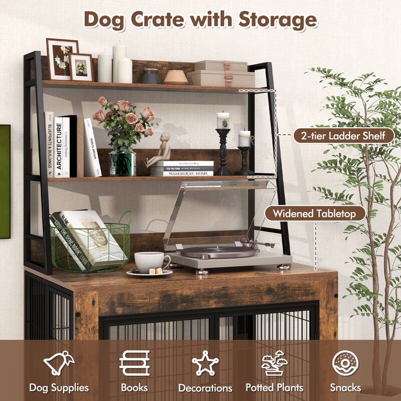 Wooden Dog Crate with Storage Shelves, Tray and Lockable Wheels - 59" x 38" x 25" (L x W x H)