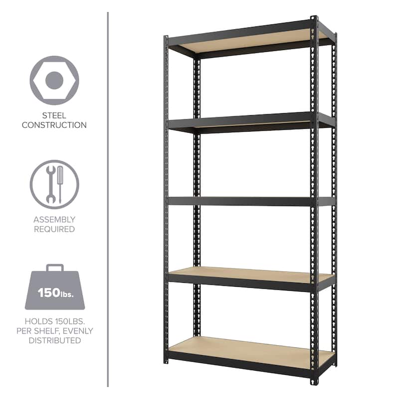 Space Solutions 1000 Riveted Steel Shelving 5-Shelf Unit, 12D x 30W x 60H, Black