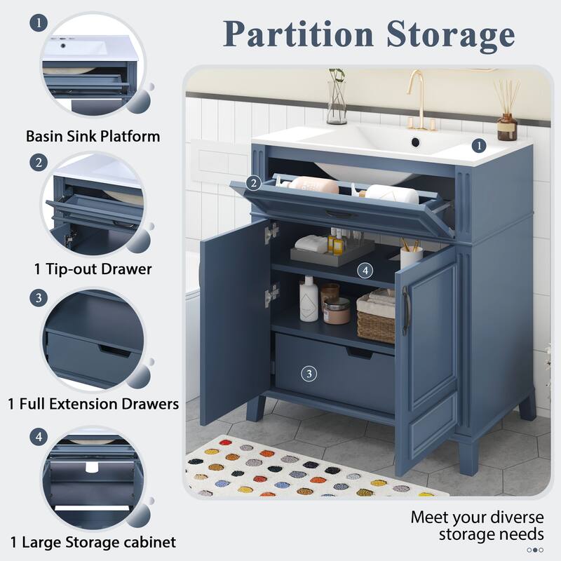 30" Freestanding Bathroom Vanity with White Integrated Ceramic Sink - 30'' x 18.3'' x 33.85''