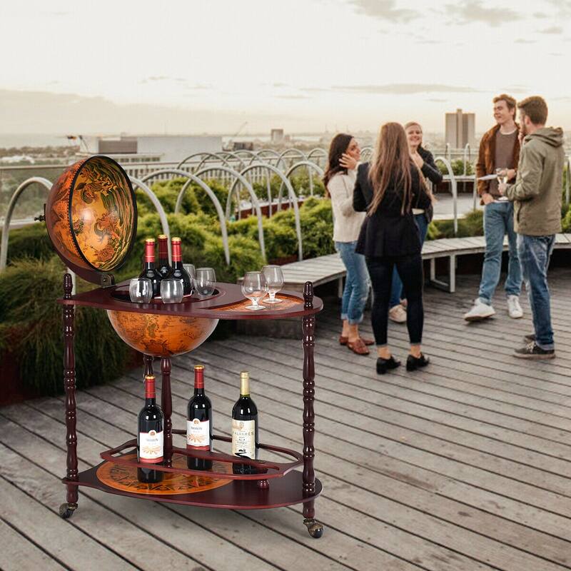 Costway Wood Globe Wine Bar Stand 34'' H 16th Century Italian Rack - 27.5"X18.0"X34.5"