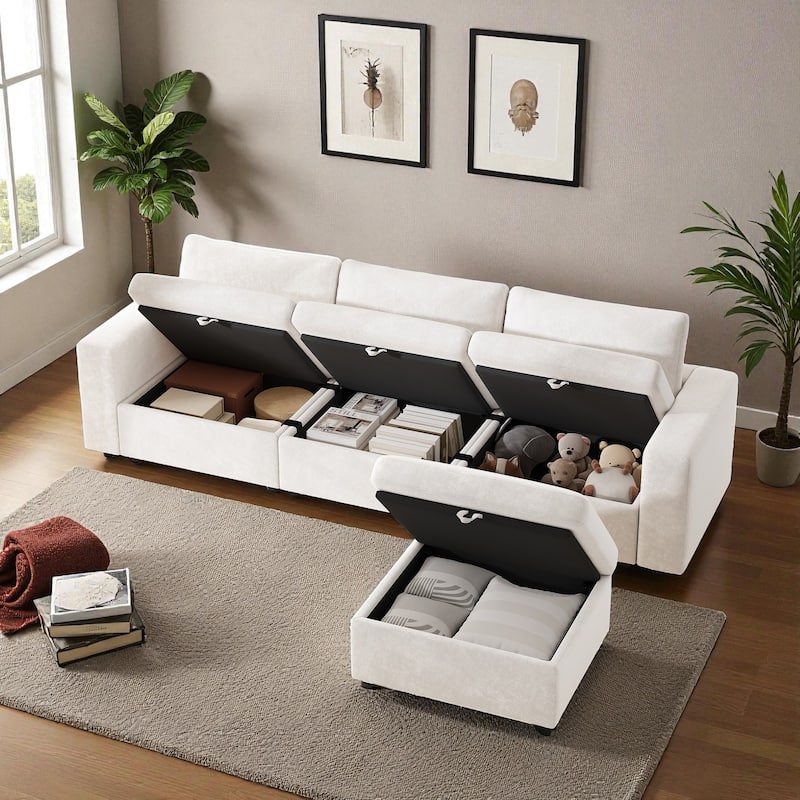 118" Oversized L-Shaped Velvet Sectional Sofa with Storage Ottoman, Removable Pillows, Cloud Couch for Living Room and Bedroom