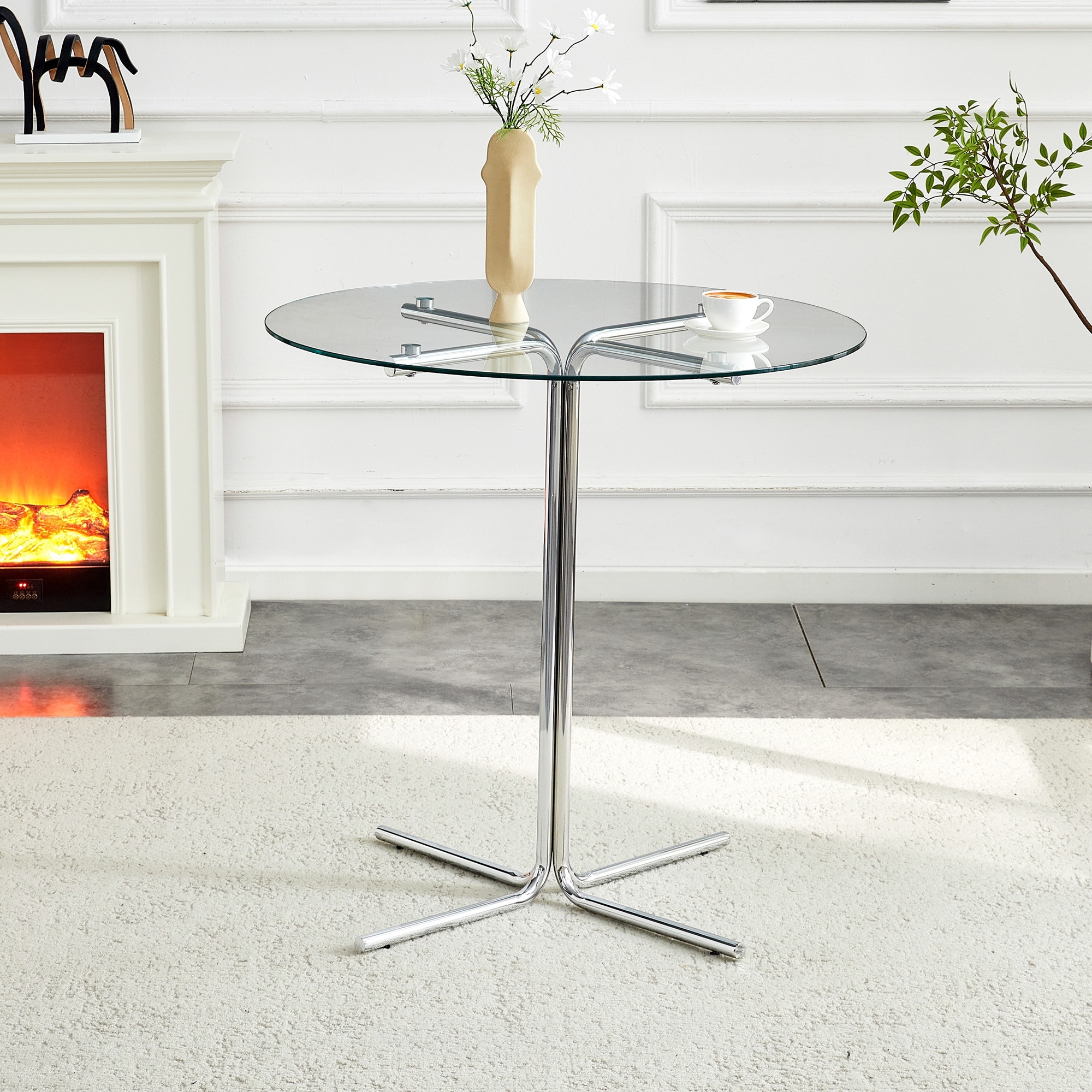36" Round Glass Bar Table - Tempered Glass Top, Gold Chrome Column Base, Space-Saving Design