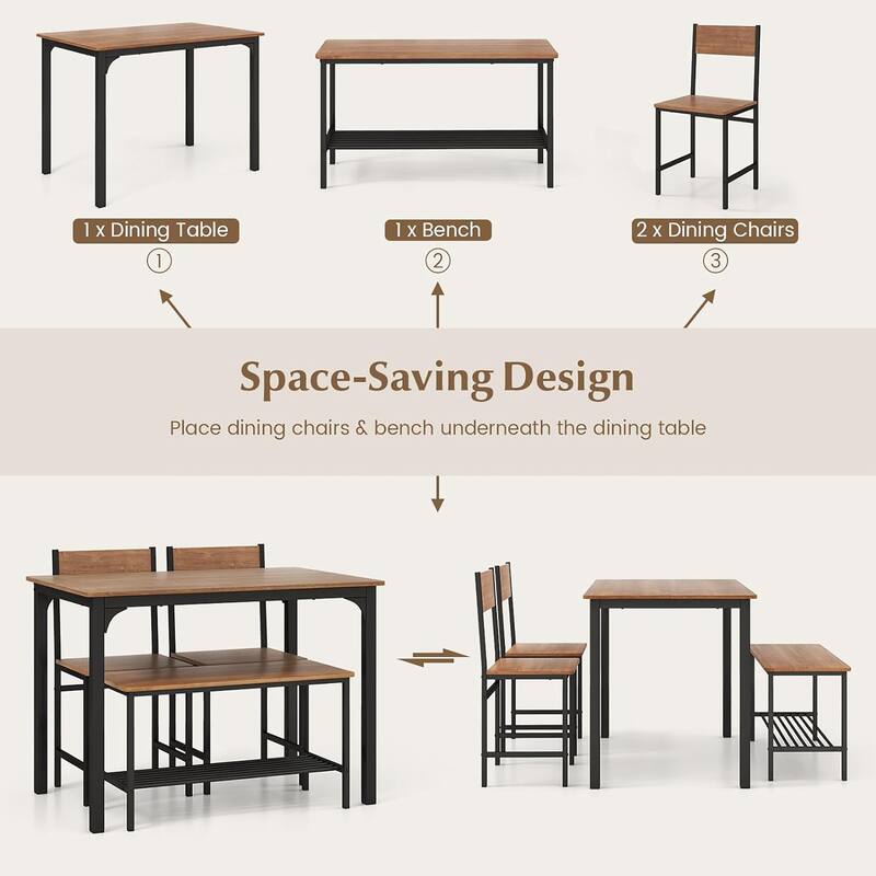 Gymax 4pcs Dining Table Set Rustic Desk 2 Chairs & Bench w/ Storage - See Details