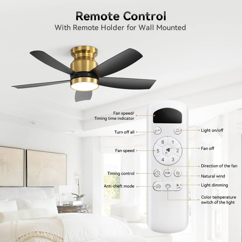 Sofucor 42'' Gold Flush Mount Ceiling Fan Lights Kit with Remote Quiet Reversible DC - 42