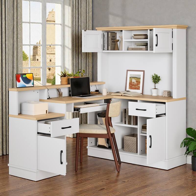 L Shaped Computer Desk with Power Outlet, Corner Desk with Drawers Bookshelf and Storage for Home Office Study