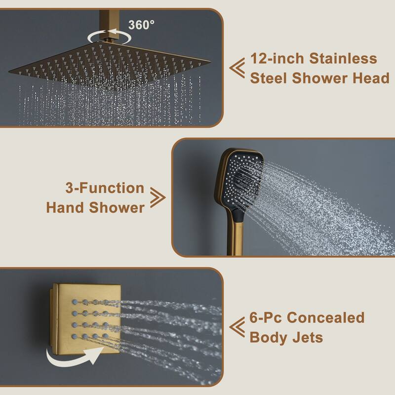 Celling Mount 12 Inch Rainfall Shower Head 3 Function Thermostatic Shower System with 6 Body Jets