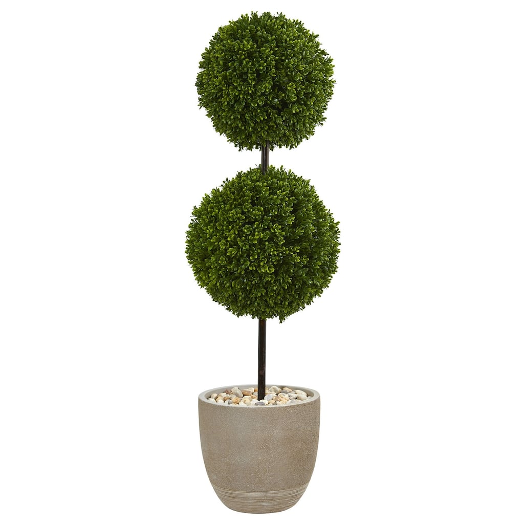 4ft Boxwood Double Ball Topiary Artificial Tree in Oval Planter with UV Resistant Greenery for Indoor or Outdoor Use