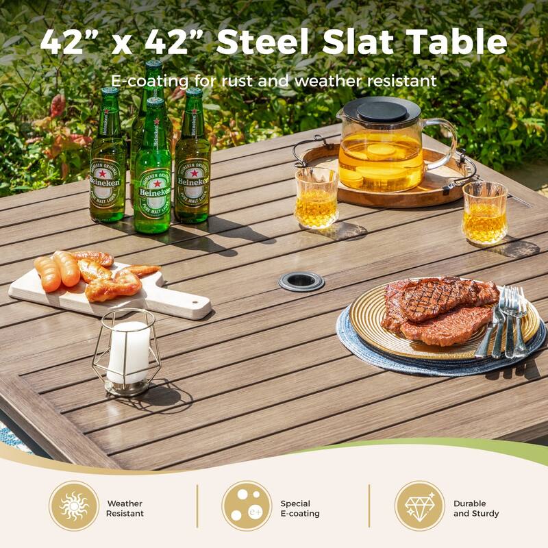 MAISON ARTS 5-Piece Patio Dining Set, Square Brown Metal Dining Table and 4 Gourd Head Shape Armrest Chairs