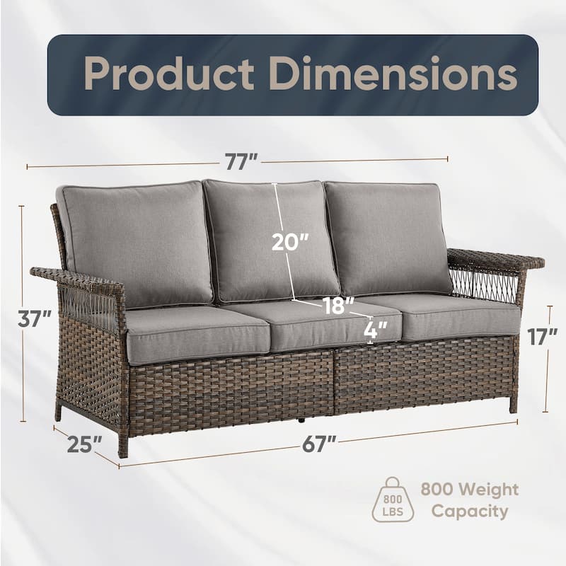 3-Seat Patio Wicker Sofa with Cushion - Brown