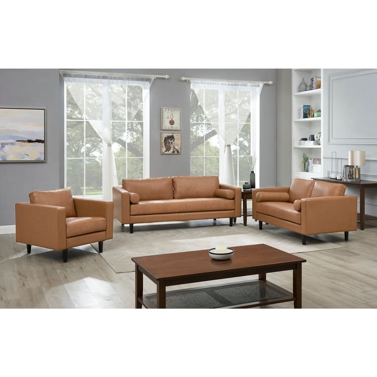 Marisa Genuine Mid-Century Leather Sofa 3 Piece Set, Classic Modern Sofa Couches for Living Room Furniture - Tan-Chair/Loveseat/Sofa