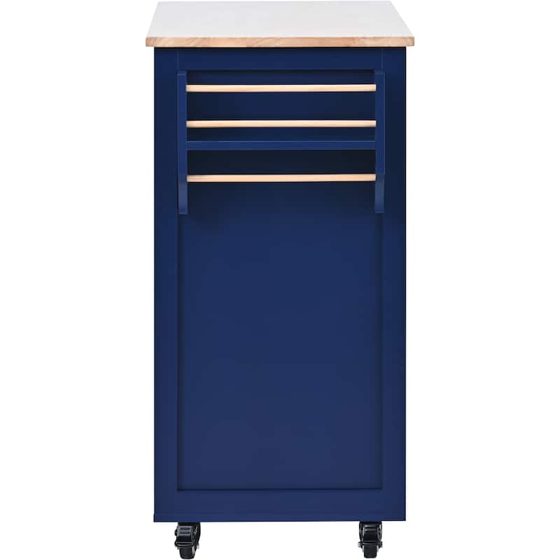 Rubber Wood Top Kitchen Island Cart w/ Flatware Organizer, Blue