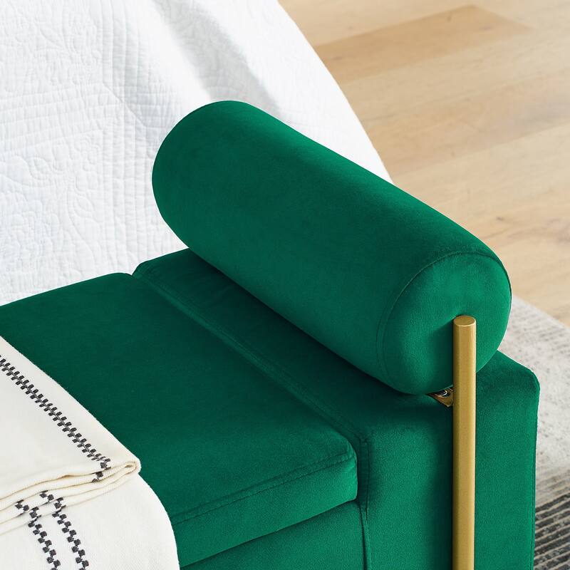 Velvet Storage Ottoman Bench with Cylindrical Arms and Iron Legs