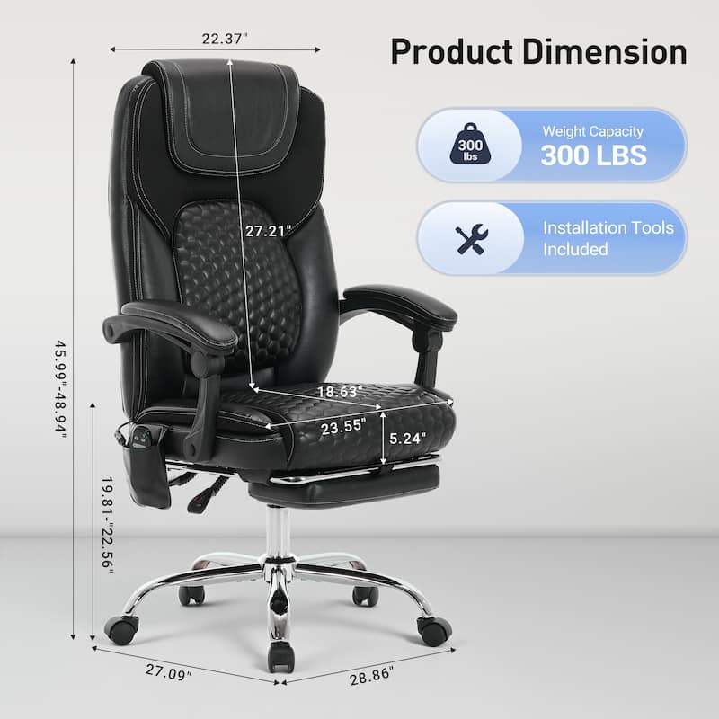 High-Back Executive Office Chair with Massage, Heat and Reclining Footrest - Ergonomic Leather Chair